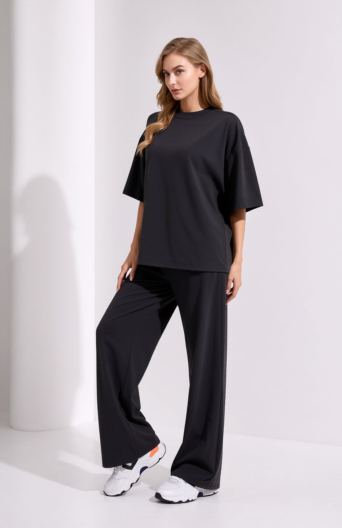 Black Oversized T-Shirt & Wide Leg Seam Detail Trouser Two Piece Co-ord Set