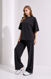 Black Oversized T-Shirt & Wide Leg Seam Detail Trouser Two Piece Co-ord Set