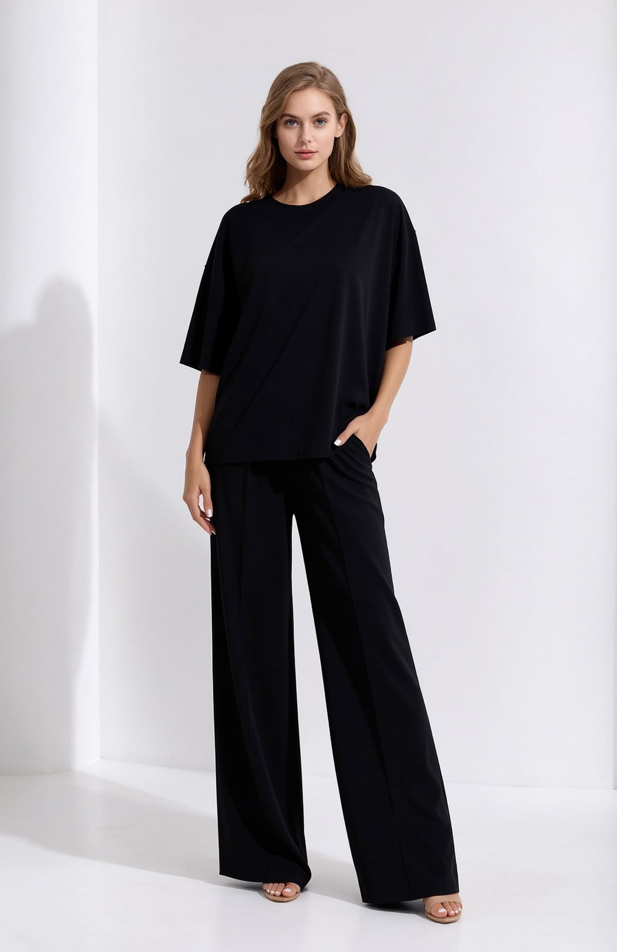 Black Oversized T-Shirt & Wide Leg Seam Detail Trouser Two Piece Co-ord Set