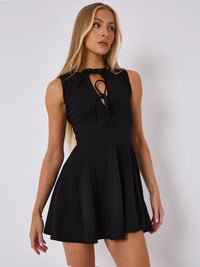 Black Pleated Tie Front A-Line Mini Dress