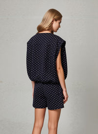 Black Polka Dot Two-Piece Set Zip Front Sleeveless Vest & High-Waist Shorts Co-Ord Outfit