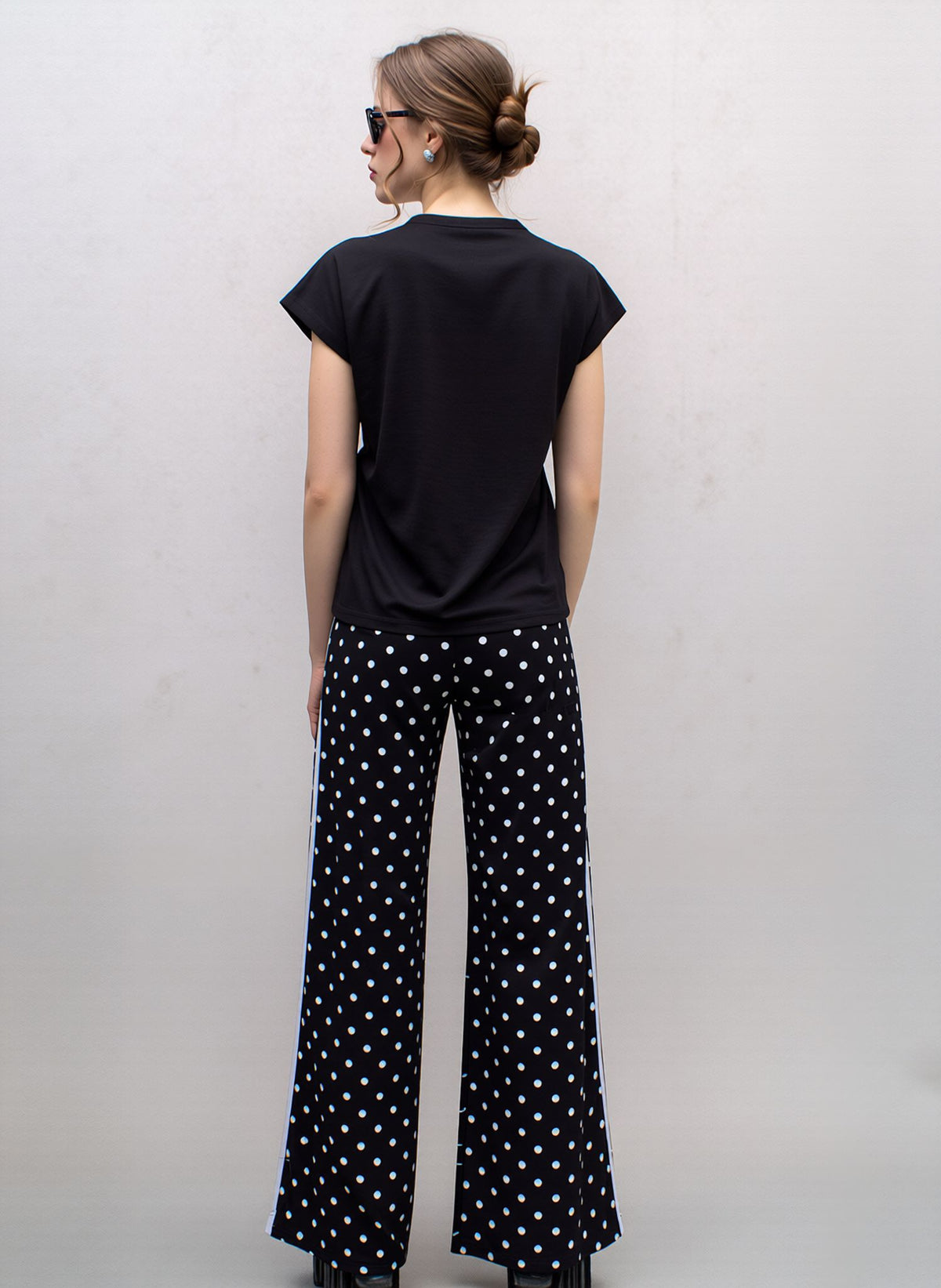Black Polka Dot Wide Leg Palazzo Pants High Waist Relaxed Fit Side Stripe Trousers