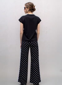 Black Polka Dot Wide Leg Palazzo Pants High Waist Relaxed Fit Side Stripe Trousers