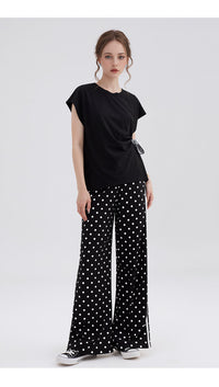 Black Polka Dot Wide Leg Palazzo Pants High Waist Relaxed Fit Side Stripe Trousers