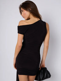 Black Ruched Detail Slinky Ruched Drape Mini Dress