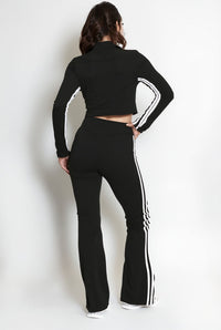 Black Side Stripe Zip Jacket & Flare Leg Contour Gym Set