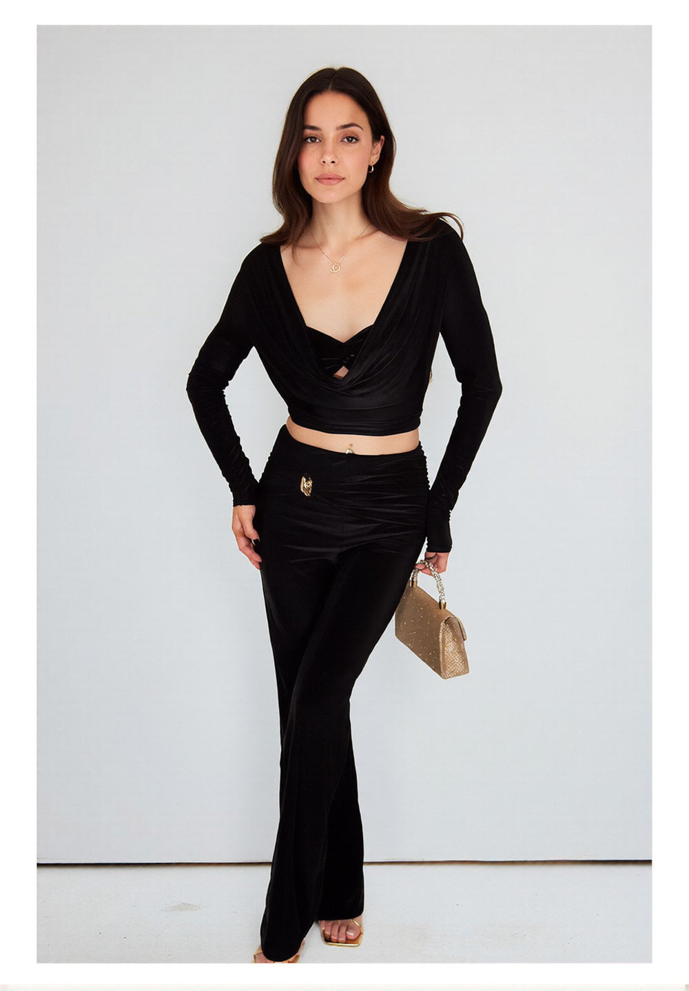 Black Slinky Cowl Neck Crop Top & Flared Trouser Co-ord