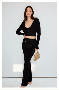 Black Slinky Cowl Neck Crop Top & Flared Trouser Co-ord