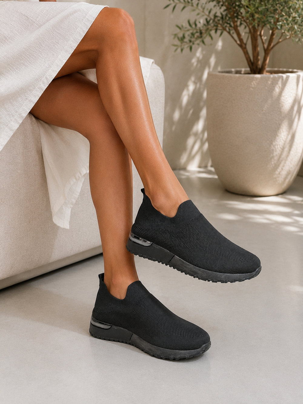 Black Slip-On Knit Trainers Lightweight Comfort Breathable Casual Walking Shoes