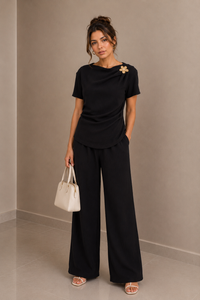 Black Textured Drape Top & Wide Leg Trouser Co-Ord Set Elegant Two Piece Outfit