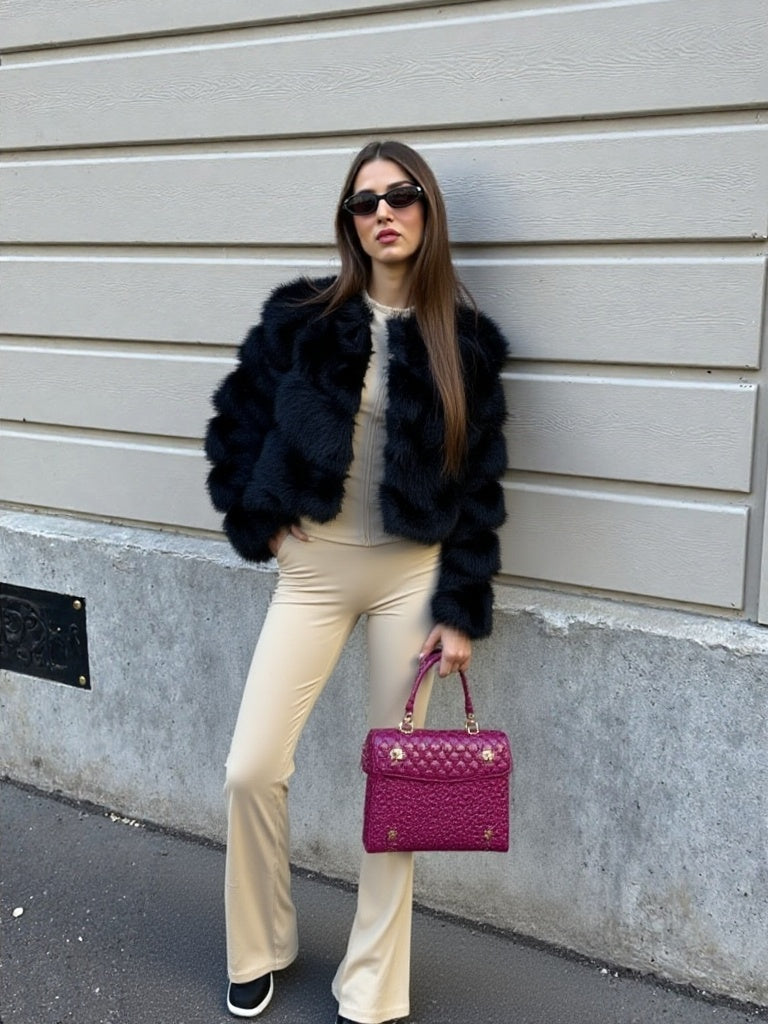 Black Thick Faux Fur Paneled Layered Jacket