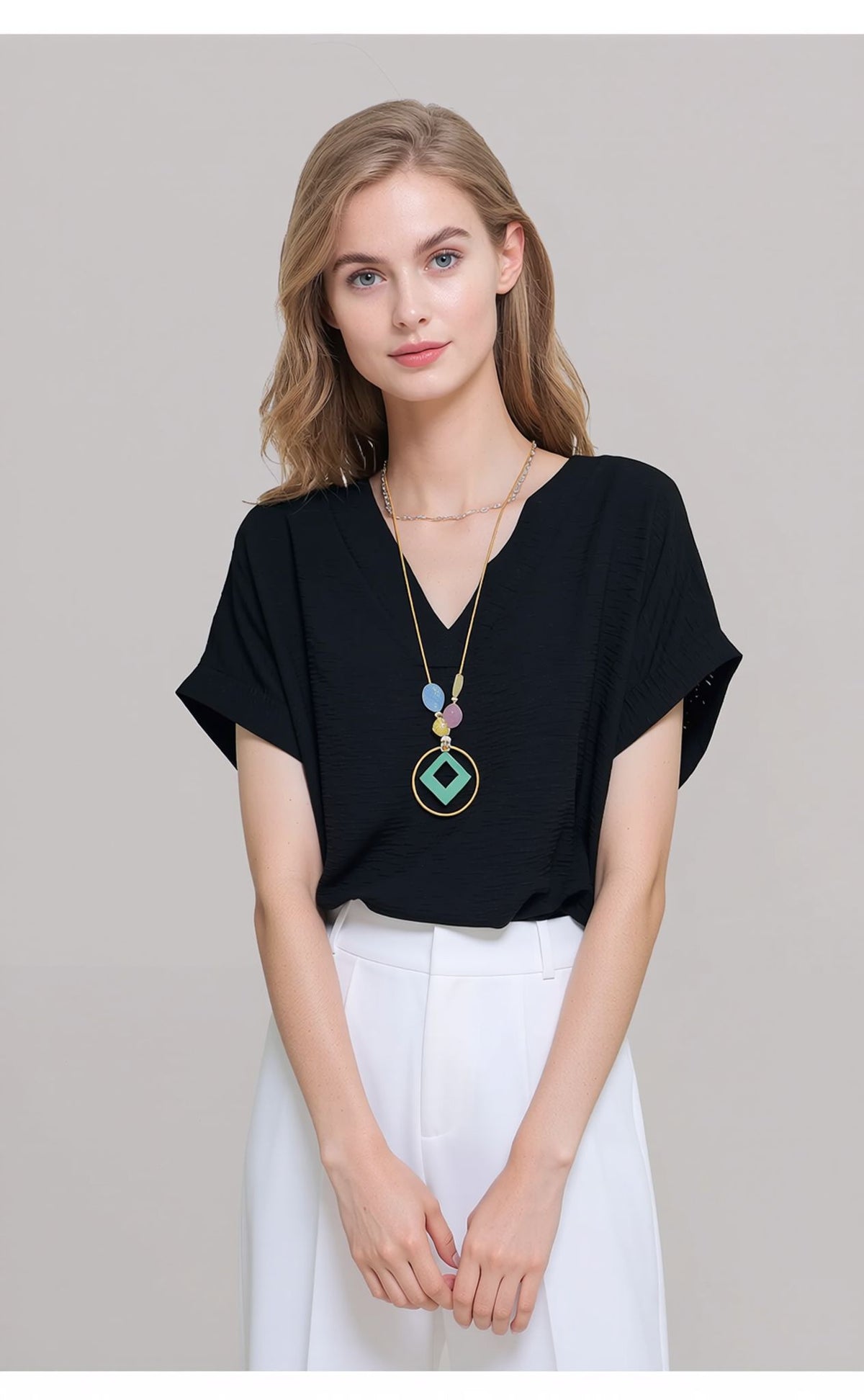 Black V-Neck Batwing Sleeve Textured Blouse Casual Loose Fit Top with Necklace