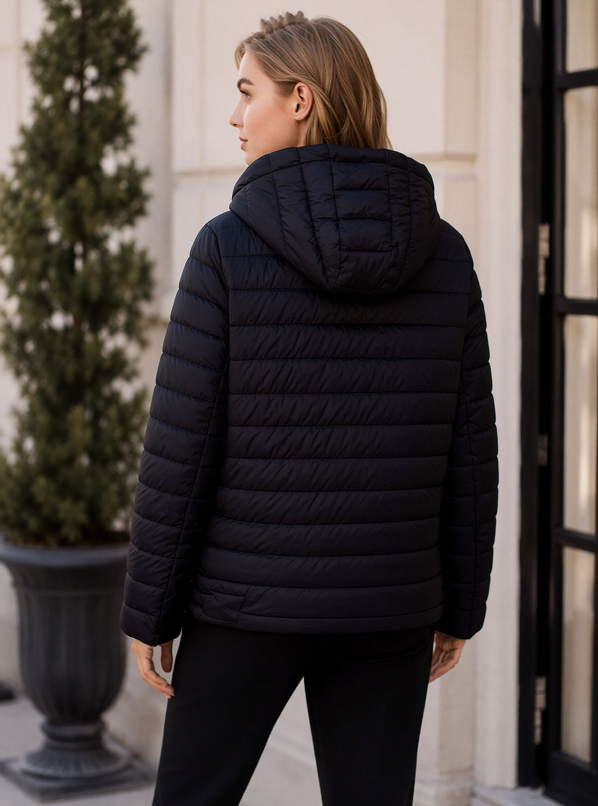 Black Waterproof & Windproof Hooded Padded Jacket with Stripe Detail