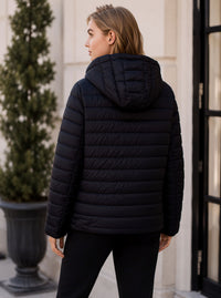 Black Waterproof & Windproof Hooded Padded Jacket with Stripe Detail