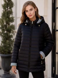 Black Waterproof & Windproof Hooded Padded Jacket with Stripe Detail