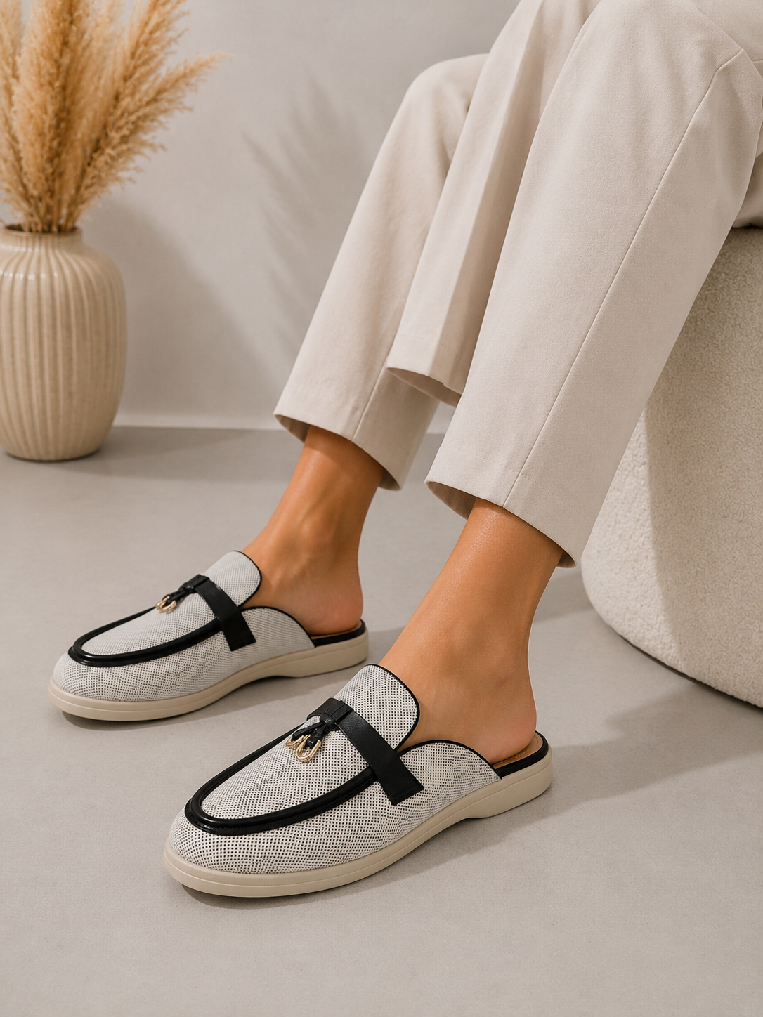 Black Woven Backless Mule Loafers Chic Slip On Flat Shoes