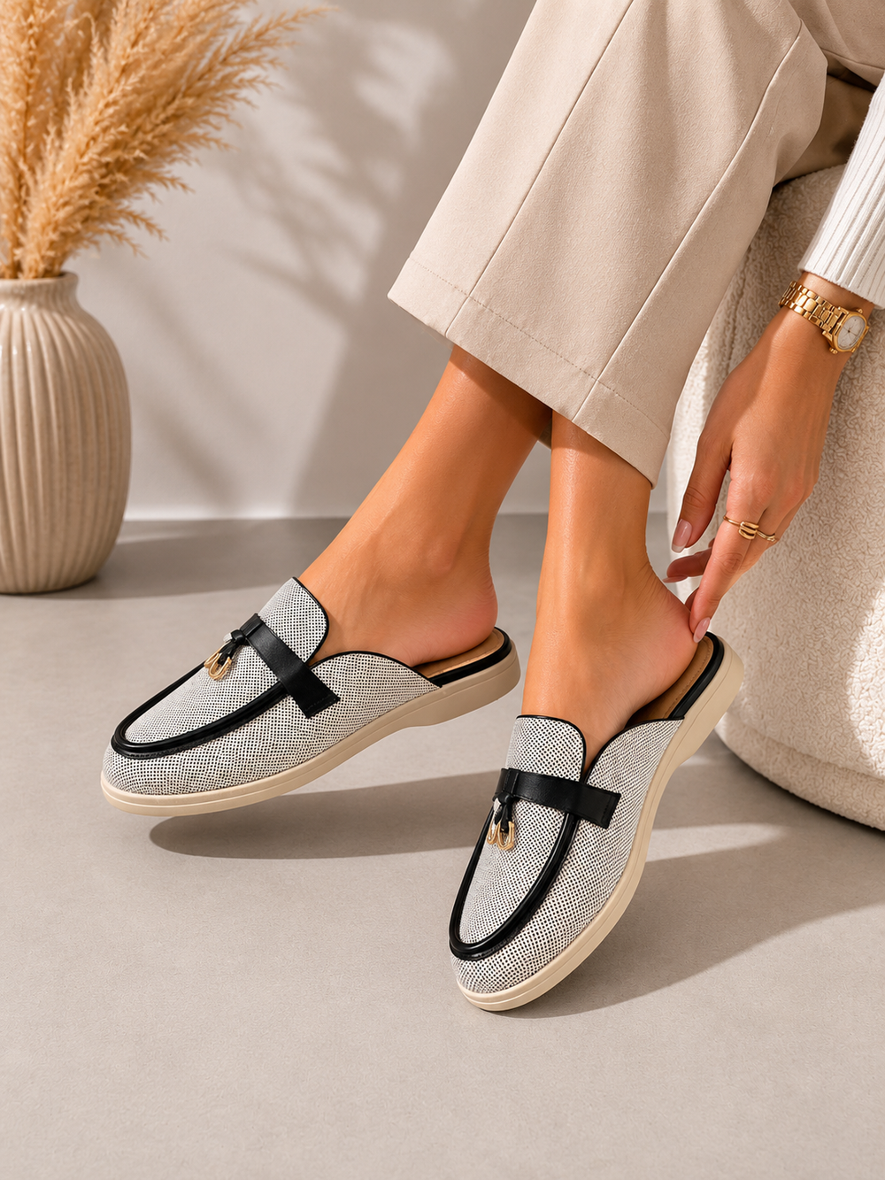 Black Woven Backless Mule Loafers Chic Slip On Flat Shoes