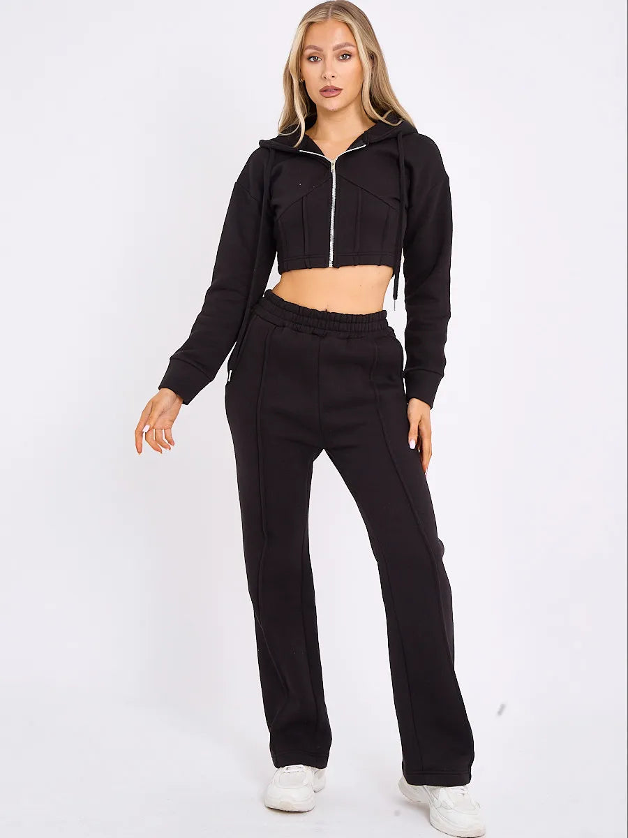 Black Zip Up Cropped Hoodie Wide Leg Joggers Loungewear Set FavouriteFashions.ie