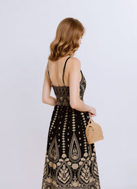 Black & Gold Bohemian Print Sleeveless Midi Dress with Smocked Waist