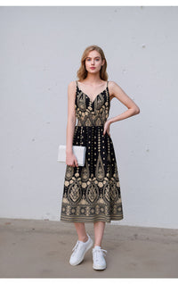 Black & Gold Bohemian Print Sleeveless Midi Dress with Smocked Waist