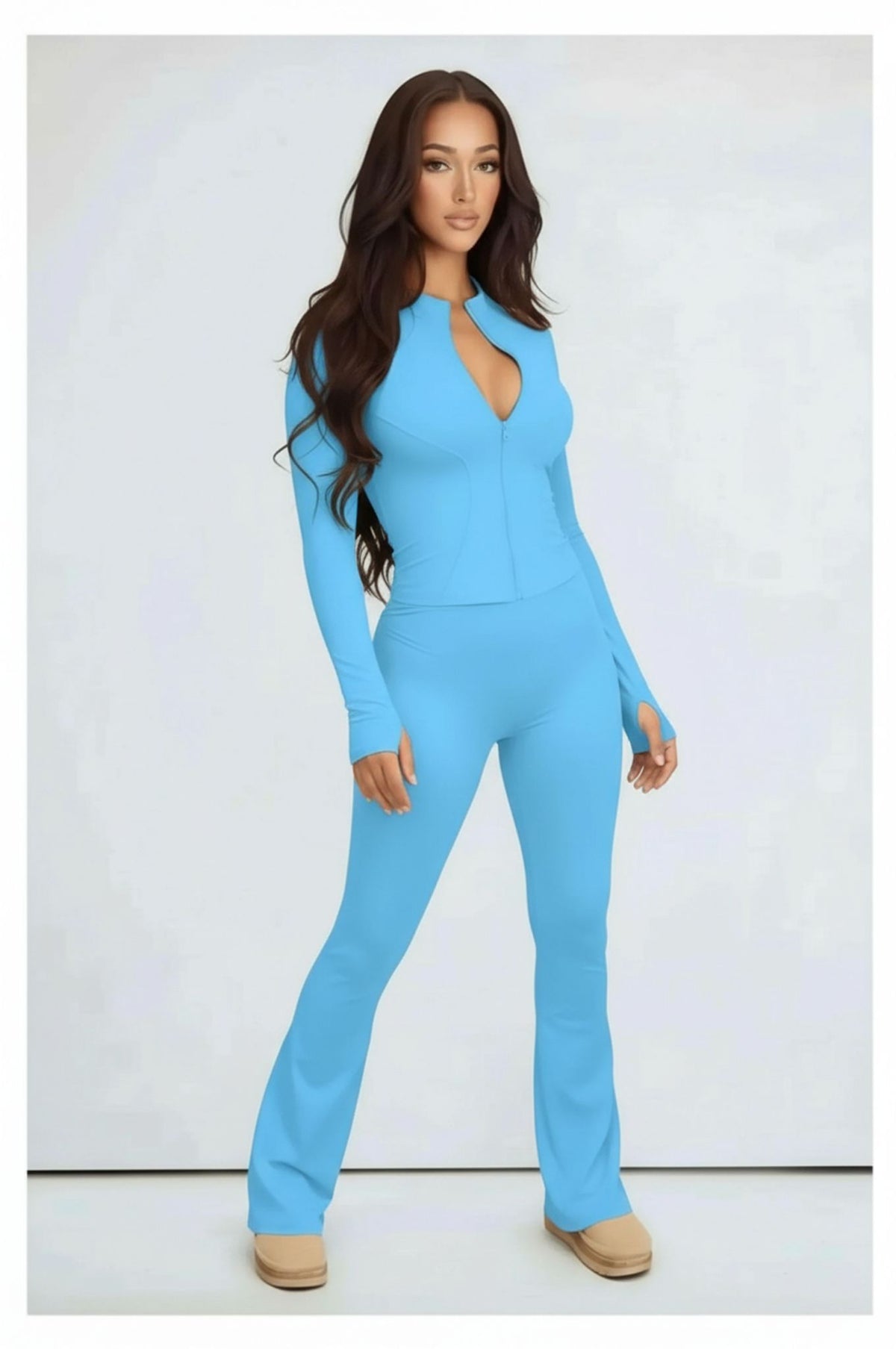 Blue Contour Sculpt Flare Trousers and Zip Sports Jacket Gym Co-Ord