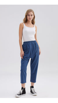 Blue Denim Cotton Cropped Elastic Waist Casual Relaxed Fit Cropped Trousers with Pockets