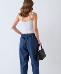 Blue Denim Cotton Cropped Elastic Waist Casual Relaxed Fit Cropped Trousers with Pockets