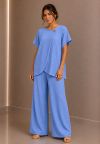 Blue Draped Tunic & Wide Leg Trouser Two Piece Set