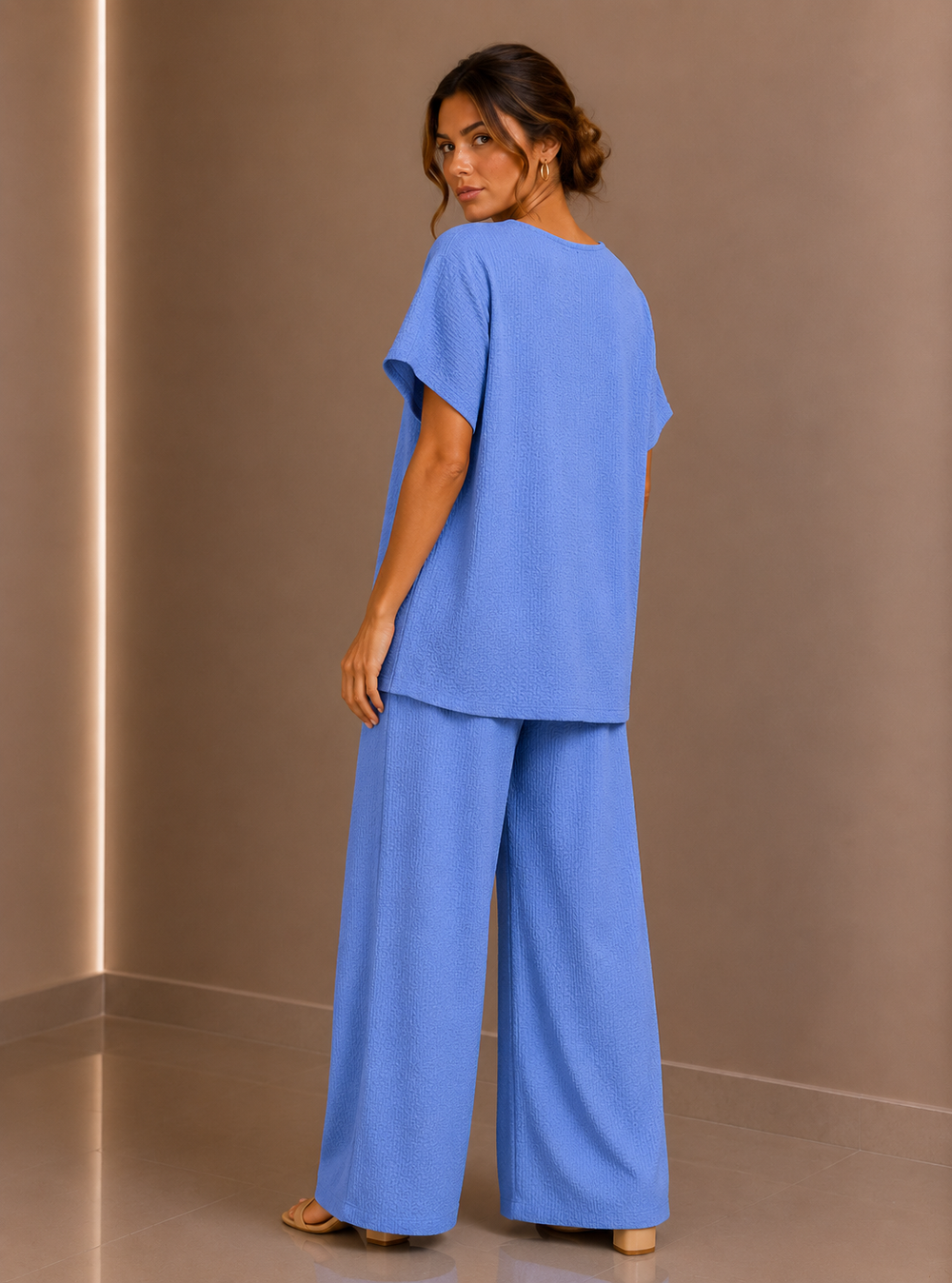Blue Draped Tunic & Wide Leg Trouser Two Piece Set