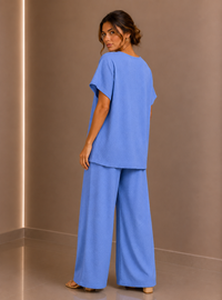Blue Draped Tunic & Wide Leg Trouser Two Piece Set