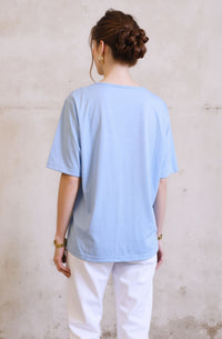 Blue Embroidered Neck Detail Casual Short Sleeve Top