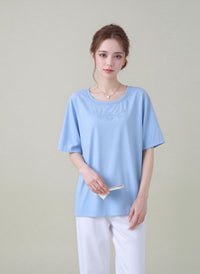 Blue Embroidered Neck Detail Casual Short Sleeve Top