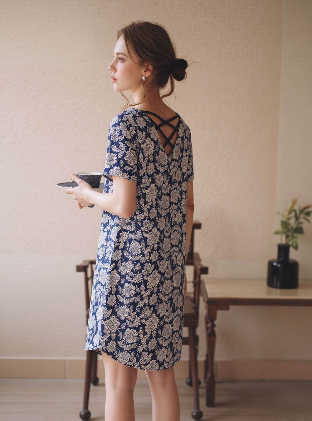 Blue Floral A-Line Mini Dress with Short Sleeves Casual Loose Fit Summer Day Dress