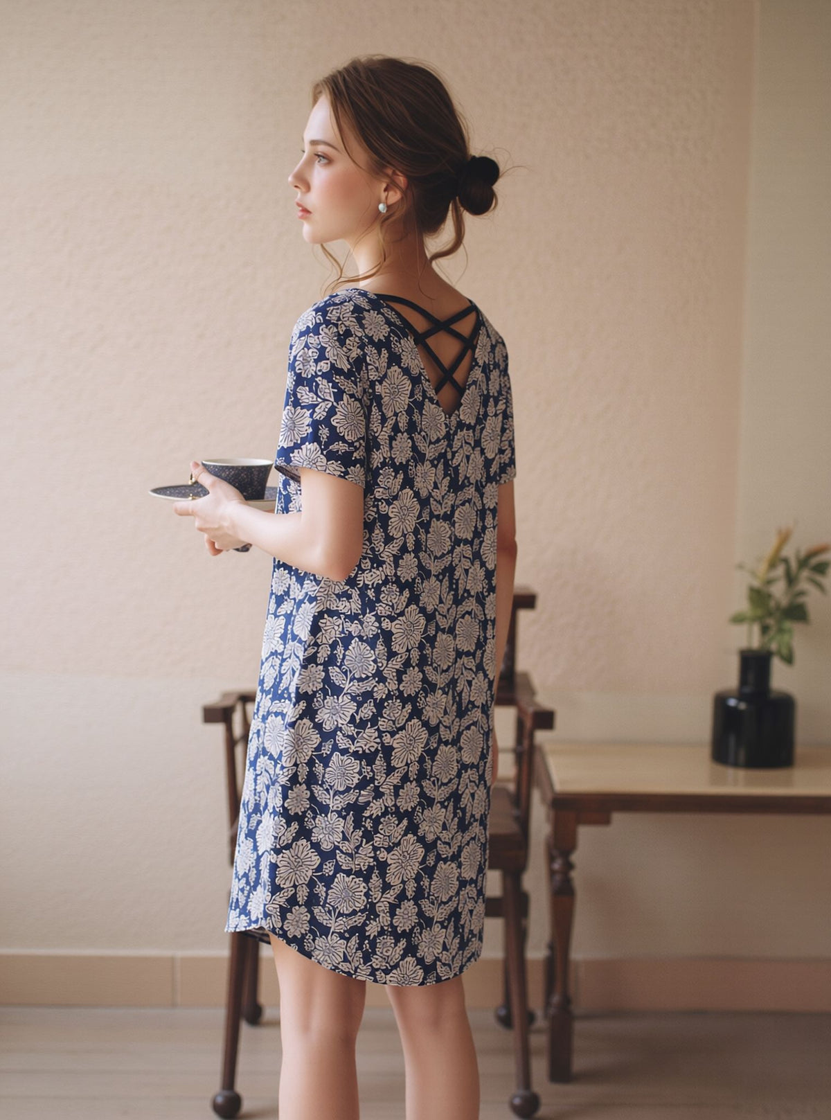 Blue Floral A-Line Mini Dress with Short Sleeves Casual Loose Fit Summer Day Dress