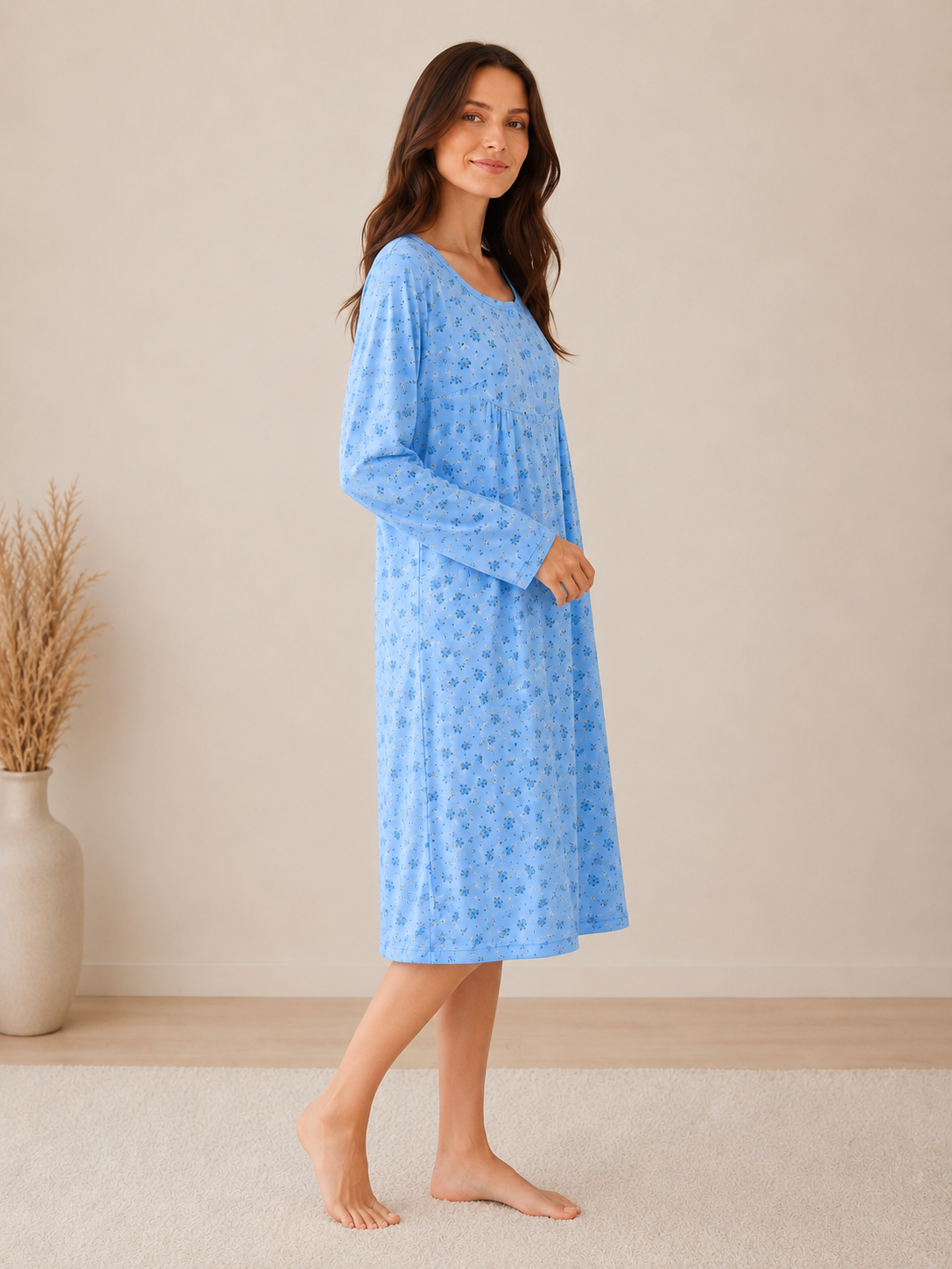 Blue Floral Long Sleeve Nightdress Soft Relaxed Fit Sleepwear Nightgown
