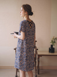 Blue Floral Print A-Line Mini Dress with Short Sleeves Casual Loose Fit Summer Day Dress
