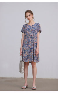 Blue Floral Print A-Line Mini Dress with Short Sleeves Casual Loose Fit Summer Day Dress