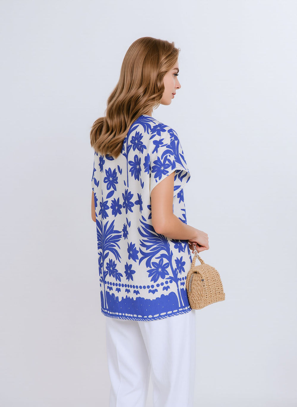 Blue Floral Print Oversized Blouse Lightweight Casual Summer Cotton Rich Top