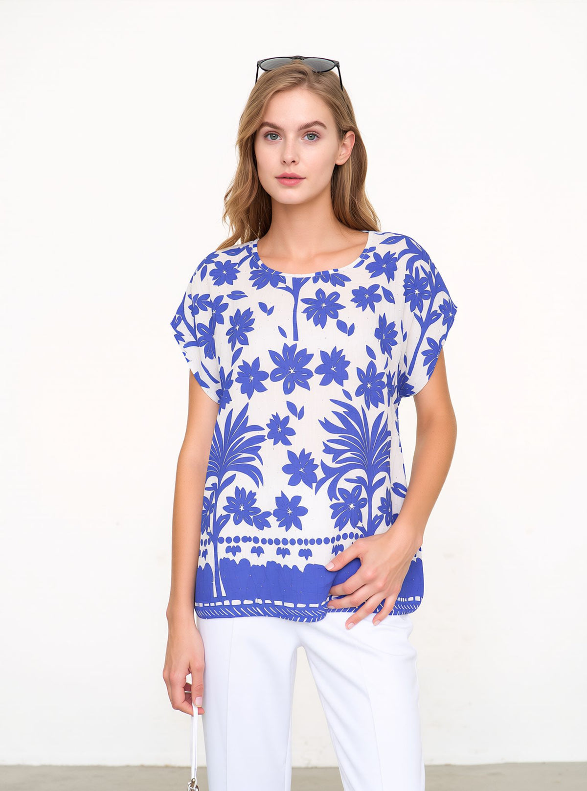 Blue Floral Print Oversized Blouse Lightweight Casual Summer Cotton Rich Top