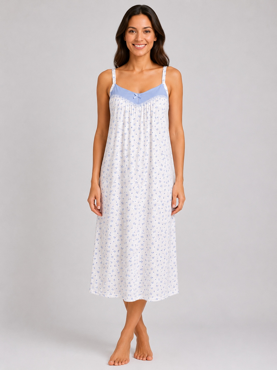 Blue Floral Sleeveless Soft Cotton Rich Midi Nightdress