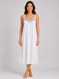 Blue Floral Sleeveless Soft Cotton Rich Midi Nightdress