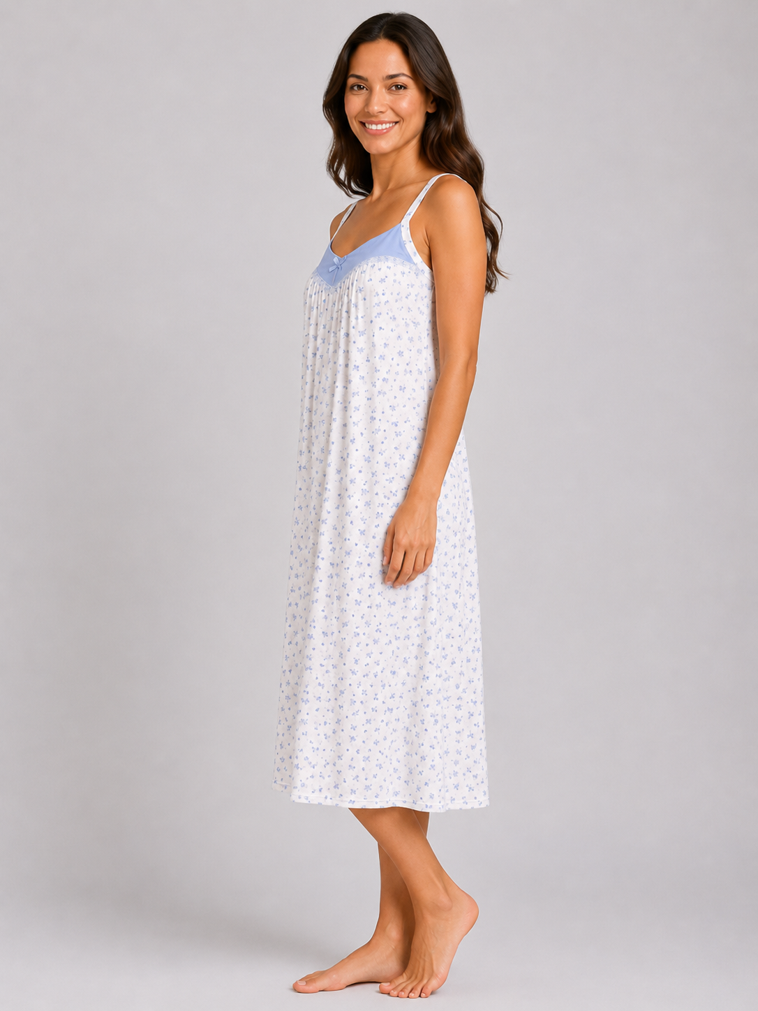Blue Floral Sleeveless Soft Cotton Rich Midi Nightdress