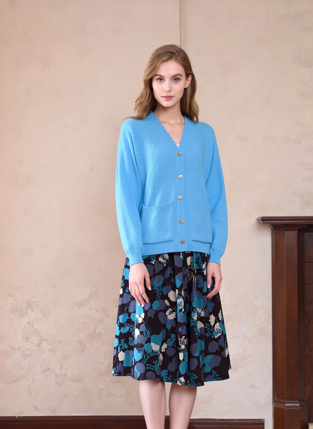 Blue Flower Pattern Midi Skirt Elegant Women’s Pull-On Skirt