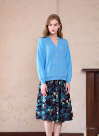 Blue Flower Pattern Midi Skirt Elegant Women’s Pull-On Skirt