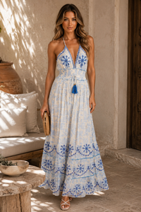 Blue Halterneck Cotton Maxi Dress Boho Summer Holiday Dress Sleeveless Occasion Dress