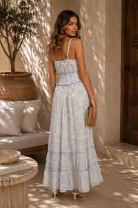 Blue Halterneck Cotton Maxi Dress Boho Summer Holiday Dress Sleeveless Occasion Dress