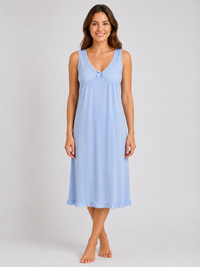 Blue Lace Trim Sleeveless Soft Comfortable Midi Length Nightdress