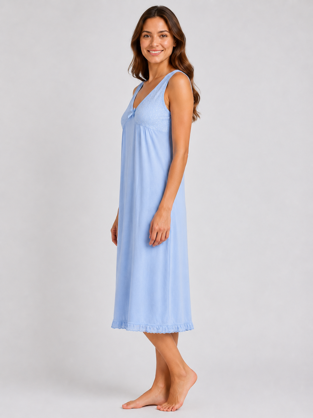 Blue Lace Trim Sleeveless Soft Comfortable Midi Length Nightdress