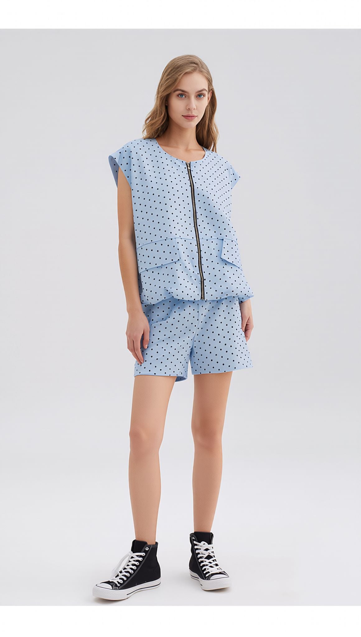 Blue Polka Dot Two-Piece Set Zip Front Sleeveless Vest & High-Waist Shorts Co-Ord Outfit