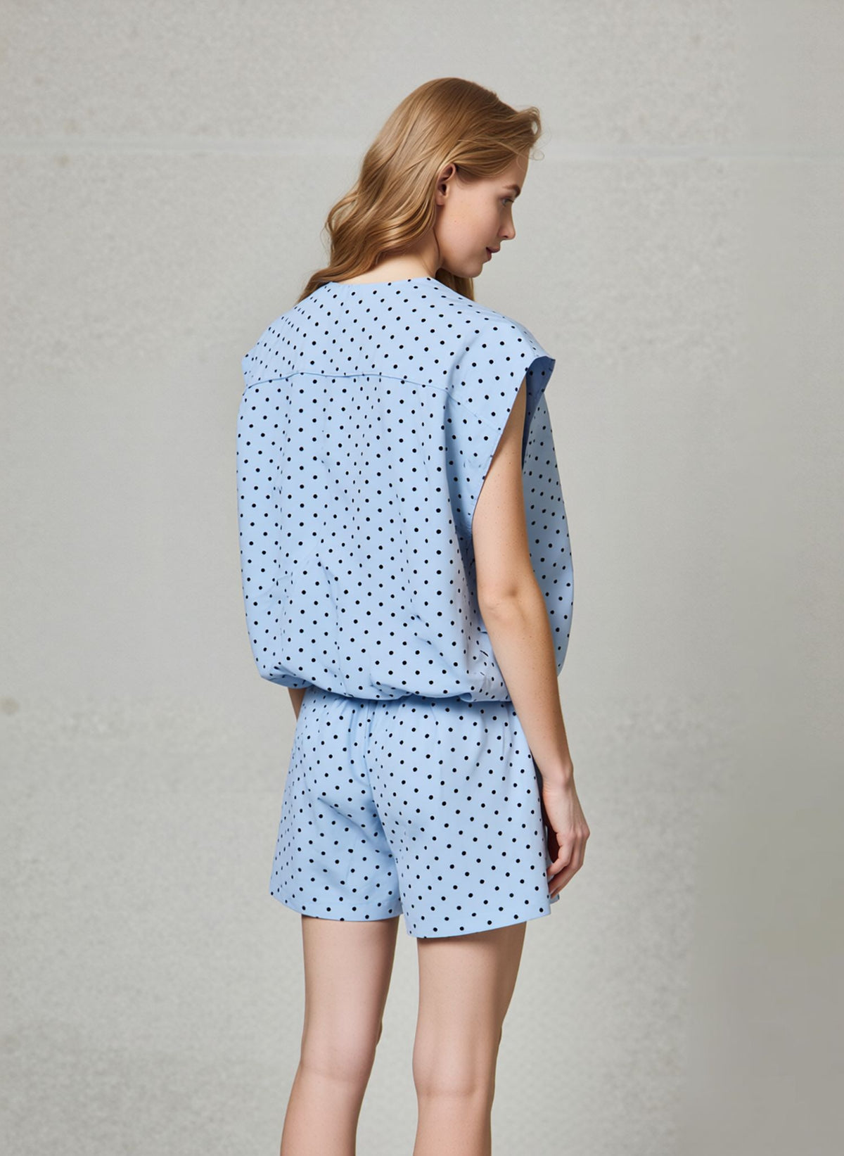 Blue Polka Dot Two-Piece Set Zip Front Sleeveless Vest & High-Waist Shorts Co-Ord Outfit